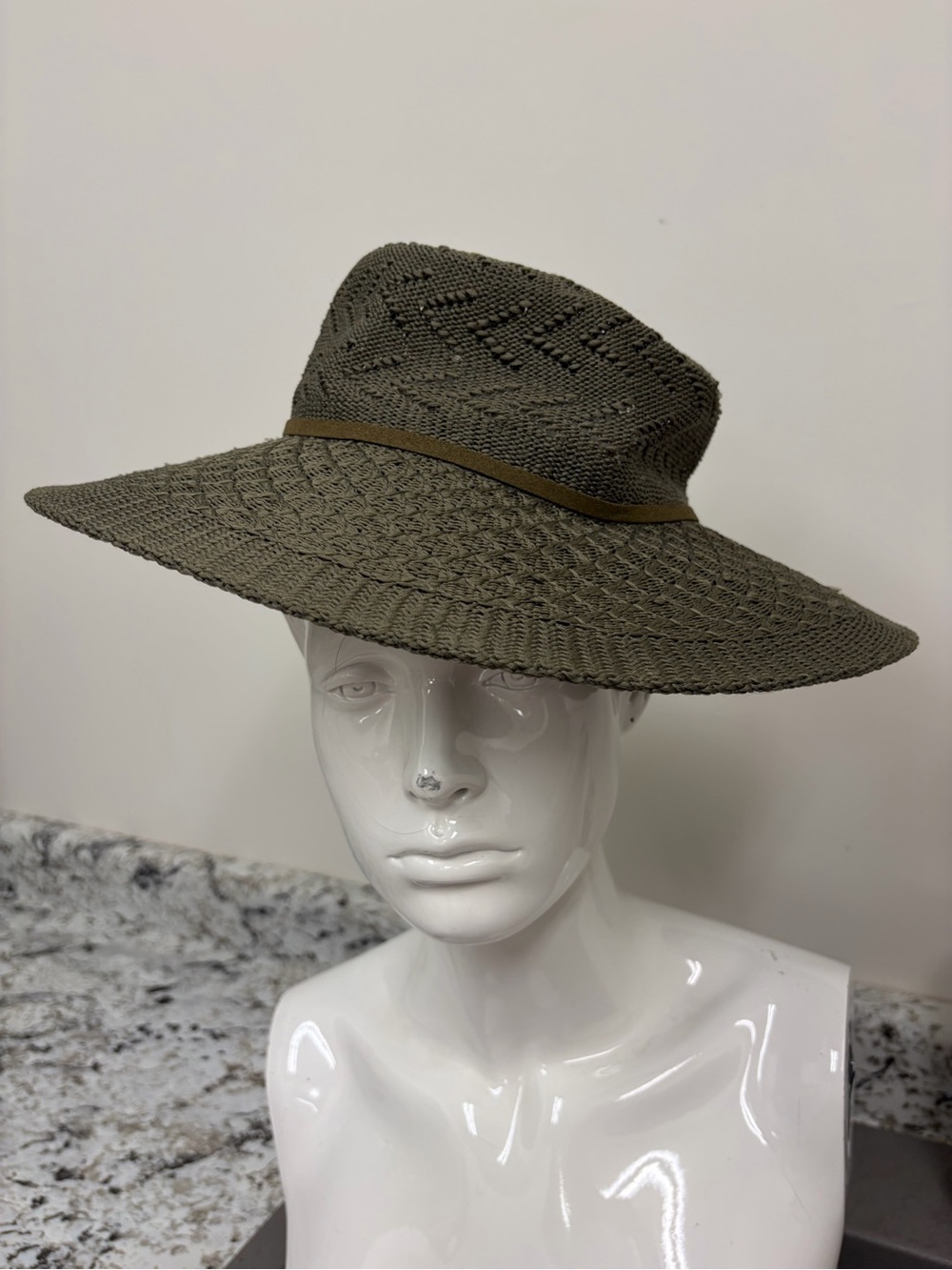 Barbour Olive Green Raffia Wide-Brim Hat with Slim Band